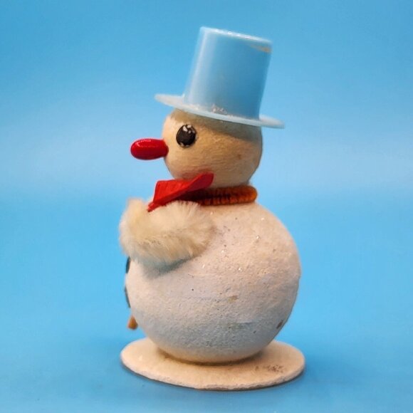Vintage 1950s Putz Snowman Japan Spun Cotton Mica Snow Blue Hat Chenille Arms - Picture 3 of 8